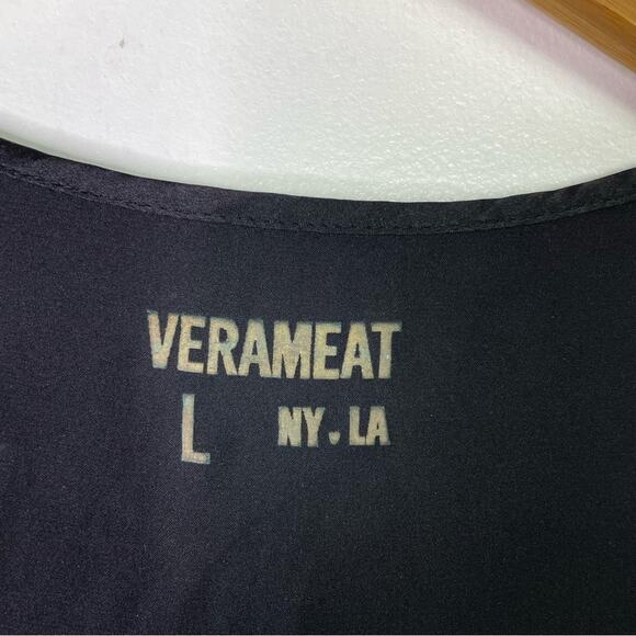 Verameat Black Satin Mini Dress Pretty Kitty Cat Gold Embroidered Large - Picture 6 of 8